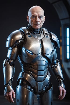 A realistic full body photograph of a creepy 70-year-old white man, with an intimidating expression, bald, no beard, scary ugly face, very thin and decrepit face, deep blue eyes, inside a colossal futuristic robotic black full body armor, dramatic illumination, hyperdetailed, hyperrealistic, 8 k,Extremely Realistic