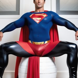 gay Superman spreading legs and showing black and shiny bulge 