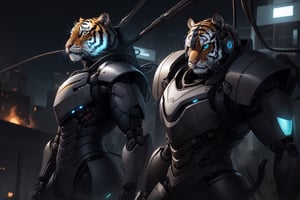 tiger, add a robotic armor, blue light, cables running out the armor, add a helmet that covers half of the tiger face