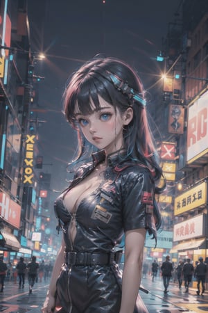 (masterpiece), best quality, high resolution, highly detailed, detailed background, perfect lighting, 1girl, medium fringe, , blue eyes, parted lips, medium breasts, plunge cleavage, cyberpunk city, theater, glitter, futureaodai, ASU1,neonnightKA