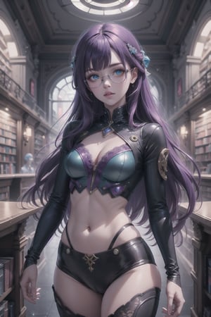 (masterpiece), best quality, high resolution, highly detailed, detailed background, perfect lighting, 1girl, long fringe, neon pink, lace underwear, body suit, skin tight, exposed midriff, purple hair, long hair, wavy hair, blue eyes, round glasses, pierced bellybutton, small nose, full lips, parted lips, medium breasts, cleavage, toned body, toned thighs, medium waist, steampunk library, theater, fallenmjstyle, glitter, DonMC3l3st14l3xpl0r3rsXL