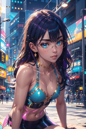 (masterpiece), best quality, high resolution, highly detailed, detailed background, perfect lighting, 1girl, white bikini, gilded bikini, fair skin, violet hair, shiny hair, straight hair, straight bangs, aqua eyes, sparkling eyes, round glasses, thin frames, sparkling glow, small nose, full lips, parted lips, slight smile, medium breasts, pushup cleavage, low cut, toned body, athletic body, toned thighs, small waist, toned waist, futuristic city, theater, glitter snow, glitter,glitter,YAMATO