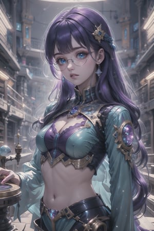 (masterpiece), best quality, high resolution, highly detailed, detailed background, perfect lighting, 1girl, long fringe, lace underwear, body suit, skin tight, exposed midriff, purple hair, long hair, wavy hair, blue eyes, round glasses, vapor aura, small nose, full lips, parted lips, medium breasts, cleavage, toned body, toned thighs, medium waist, steampunk library, theater, fallenmjstyle, glitter, DonMC3l3st14l3xpl0r3rsXL,shodanSS_soul3142,glitter