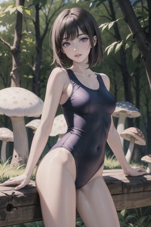 (masterpiece), best quality, high resolution, highly detailed, detailed background, perfect lighting, 1girl, long fringe, purple eyes, medium breasts, school swimsuit, mushroom forest, theater,