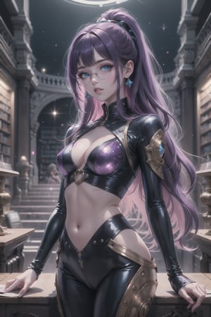 (masterpiece), best quality, high resolution, highly detailed, detailed background, perfect lighting, 1girl, long fringe, neon pink, body suit, skin tight, exposed midriff, purple hair, long hair, wavy hair, blue eyes, round glasses, small nose, full lips, parted lips, medium breasts, cleavage, toned body, toned thighs, medium waist, steampunk library, theater, fallenmjstyle, glitter, DonMC3l3st14l3xpl0r3rsXL