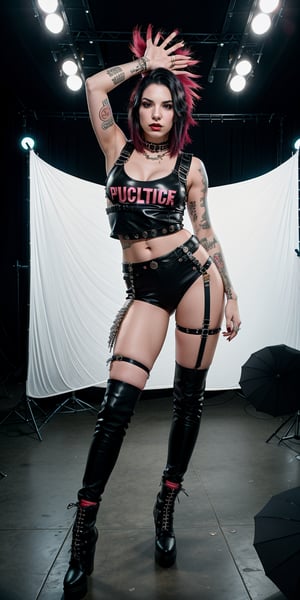 Realistic full shot of stunningCourtney LaPlante, donning a provocative punk outfit ona photo studio