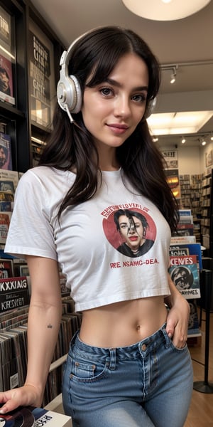 Close-up shot of Reislin-inspired woman, surrounded by vinyl records in a nostalgic record store setting. Soft, warm lighting casts a flattering glow on her porcelain skin, almost translucent. Her messy black hair frames her sultry gaze, as she indulges in her favorite tunes with headphones wrapped around her ears. She's dressed casually yet stylishly in faded jeans and a vintage rock band t-shirt. The subtle smile playing on her lips seems to convey intimate secrets, inviting the viewer to lean in closer.