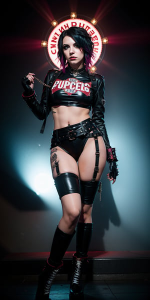 A stunning full shot of Courtney LaPlante, donning a provocative punk outfit. 