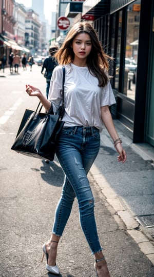 The image features a woman walking down a city street, wearing a white shirt and blue jeans. She is the main focus of the scene, and her outfit is complemented by high heels. The woman appears to be confidently striding through the city, possibly enjoying a leisurely stroll or heading to a destination.
In the background, there are several other people walking on the street, adding to the bustling urban atmosphere. The presence of multiple pedestrians suggests that this is a busy area of the city, with people going about their daily activities. (controlnet_mode:canny  RealMixXL, sdxl-1.0.0.9. safetensors, SeargeSDXL4.2-Llama2 prompt)