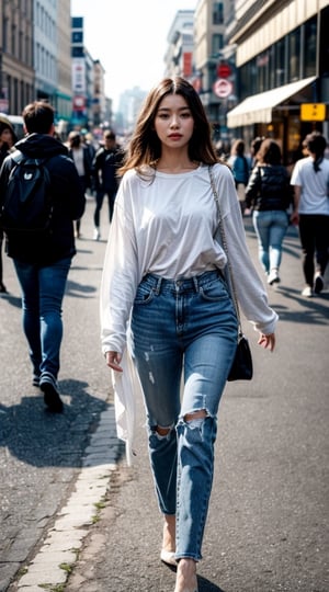 The image features a woman walking down a city street, wearing a white shirt and blue jeans. She is the main focus of the scene, and her outfit is complemented by high heels. The woman appears to be confidently striding through the city, possibly enjoying a leisurely stroll or heading to a destination.
In the background, there are several other people walking on the street, adding to the bustling urban atmosphere. The presence of multiple pedestrians suggests that this is a busy area of the city, with people going about their daily activities. (controlnet_mode:canny  RealMixXL, sdxl-1.0.0.9. safetensors, SeargeSDXL4.2-Llama2 prompt)