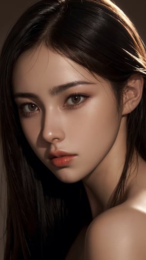 (masterpiece, best quality, highres:1.1, photorealistic:1.2), ultra resolution image, (realistic, realistic skin texture:1.2), a 20 yo woman, long hair, dark theme, soothing tones, muted colors, high contrast, (natural skin texture, hyperrealism, soft light, sharp), red background, simple background,chinatsumura
