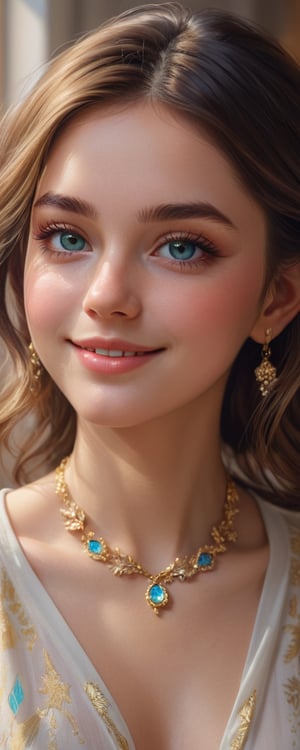 (best quality, masterpiece, ultra detailed, 8K, RAW photo), 
an oil paintiing of a beautiful student model, eye contact,beautiful detailed eyes, lipgloss, kind smile, graceful pose, flowy hair, expressive prestigous blouse, glowing jewelries, gorgeous gold necklace, fantasy style, soft brush strokes, vibrant colors, delicate features, soft natural light, subtle shading, chritsmas vibes, ,colorful