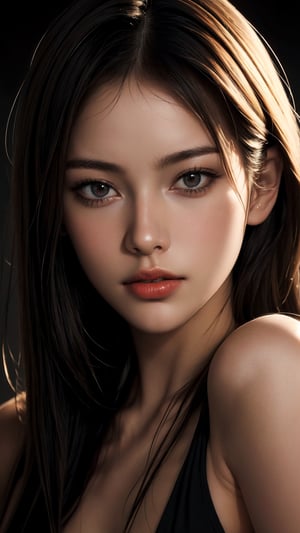 (masterpiece, best quality, highres:1.1, photorealistic:1.2), ultra resolution image, (realistic, realistic skin texture:1.2), a 20 yo woman, long hair, dark theme, soothing tones, muted colors, high contrast, (natural skin texture, hyperrealism, soft light, sharp), red background, simple background,chinatsumura