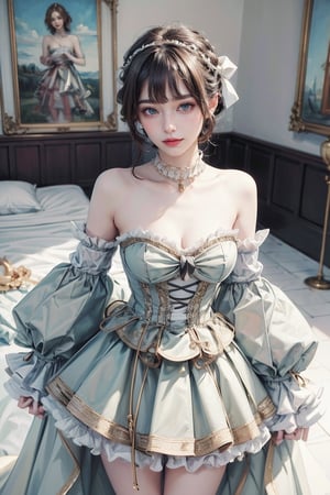 female, ((masterpiece, best quality, ultra detailed, absurdres):1.5), 1girl, bangs, beautiful, bow, ribbon, bare shoulders, frills, detached sleeves, white dress, sleeves past wrists, strapless, frilled dress, strapless dress, adress, from_above ,adress