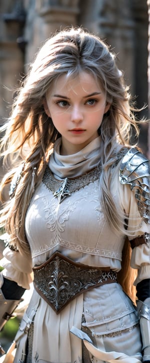 European style, fantasy, solo, cute girl, knight outfit, white & silver long hair, battle, faithing, enemy, ruins, holding long sword, (masterpiece), (best quality), (ultra-detailed), (an extremely delicate and beautiful), ((textile shading)), (caustics), (((sharp focus))),