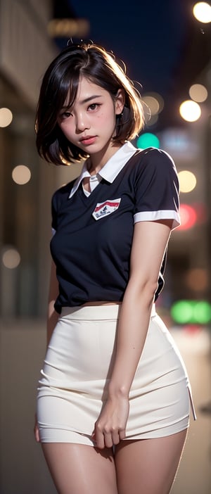 1girl,((Natural Portrait)),(Top Quality, Masterpiece), Realistic, Ultra High Resolution, Complex Details, Exquisite Details and Texture, Realistic, Beauty, Thai College Student, Serafuku, Thin and Long Body, Summer_School Uniform, White Shirt, Navy blue skirt, turn around, lift up, bend down with hips facing forward, no panties, lift skirt, arms behind back, hands spread hips, showing pussy, spanking, short hair, round face,IncrsDistractedBoyfriendMeme,blurry_light_background