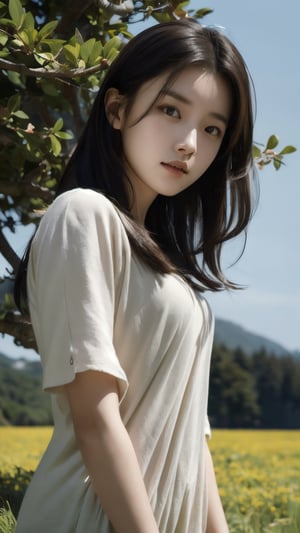 (highest quality, masterpiece: 1.2), highly detailed, (realistic photo: 1.4), 16 year old Japanese girl, 1 solo, cute girl, from below, simple green meadow background, absolute_beautiful_girl,hyojoo