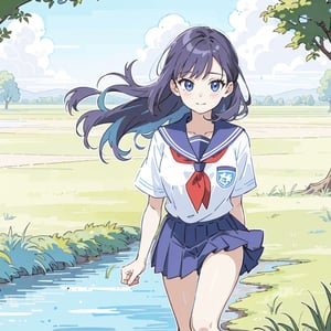 1girl, solo, school uniform, (river:0.5), (grass:0.3), (town:0.5), happy, look at the viewer,