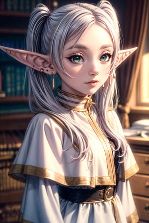 8k, HQ, best quality, picture-perfect face,high resolution, highly detailed, detailed background, cinematic light, fantasy,1girl, earrings, elf,long hair,pointy ears, solo,twintails,green eyes,earrings, silver hair,white capelet, long sleeves, white dresss,cenery,adorkable,dorky,cute_fang,bean brows:1.2