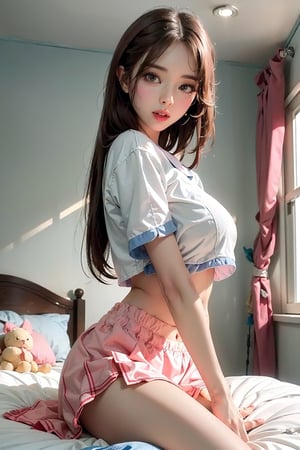 Photorealistic, Masterpiece, high resolution, high detail, ((3girls, sandwitch, surrounded by girls, view from top, oppai loli )), (fluttering hair, light pale skin, baby face), ((school uniform, ahegao)), ((backlit dim lighting, bed room)),Subtly transparent nipples,Lift up your skirt and see your pussy,not wearing underwear, (wide hips, narrow waist),sohee