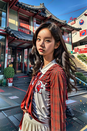 (best quality, highres:1.2), ultra-detailed, realistic, origin, school uniform, 1 girl, (20 year old beautiful Korean girl:1.3), solo, outdoors, looking at the viewer, masterpiece, illustration