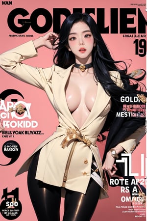 (Masterpiece, Best Quality: 1.2), 1girl, 19 years old beautiful Korean woman:1.3, extremely beautiful face, (Title: 1.5), (Dynamic Poses: 1.4), (Magazine Cover: 1.5), Looking at the Audience, (Thighs: 0.5), (Solo: 1.5), (Cowboy Shot: 1.2), (from bottom to top: 1.3), (bbpeco), (ahoge), (golden retriever: 1.3), solo, dark brown long hair:1.2, chest, looking at audience, big breasts:1.1, slim waist:1.4, wide hip:0.6, black leather neck choker, long sleeves, open shodder, cleavage, coat, (black long hair:1.5), teeth, shiny, lips, shiny skin, v-shaped, tights, caftan, headphones, light pink tight clothing, headphones, gown, shiny clothes, latex, detailed clothes, black fur bracelet, pink tights, latex tights, nudity, zipper open, no clothes, sexy pose, tights, big eyes, facing the viewer, asian girl,masterpiece,realistic, best quality,masterpiece,backlight, halo, (perfect model-like proportions),female,cute, (skinny body:1.5)
