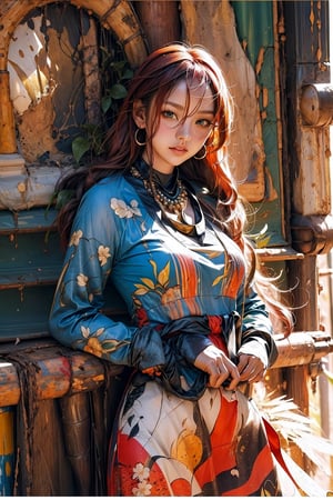 1girl, solo, Yukina, oil painting, impasto, looking at viewer, a young woman, 18 years old, red hair, long hair, green eyes, muscular body, big breasts, tribal necklace, urban psychedelic outfit, psychedelic  background, masterpiece, nijistyle, niji, ,sciamano240, soft shading, yukina, (thin and long sleeves:1.3),(popular fashion:1.4)