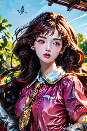 (best quality, highres:1.2), ultra-detailed, realistic, origin, school uniform, 1 girl, (20 year old beautiful Korean girl:1.3), solo, outdoors, looking at the viewer, masterpiece, illustration, Long hair fluttering in the wind
