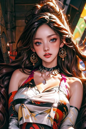 1girl, solo, oil painting, impasto, looking at viewer, 20 year old beautiful Korean idol girl, long straight hair, clear and beautiful eyes, skinny body, (big breasts:1.2), tribal necklace, big ring earrings, psychedelic  background, masterpiece, mini luxury bra, niji, soft shading, ((popular fashion:1.5)), (Showing cleavage), (sexy clothes:1.3), ((long arms:1.5)), (A sexy look that tempts you:1.3), smooth skin, sexy makeup