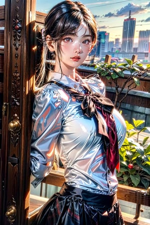 (best quality, highres:1.2), ultra-detailed, realistic, origin, school uniform, 1 girl, (20 year old beautiful Korean girl:1.3), solo, outdoors, looking at the viewer, masterpiece, illustration, (big breasts:0.9), Slim body with perfect proportions