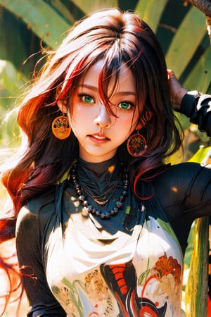 1girl, solo, Yukina, oil painting, impasto, looking at viewer, a young woman, 18 years old, red hair, long hair, green eyes, muscular body, big breasts, tribal necklace, urban psychedelic outfit, psychedelic  background, masterpiece, nijistyle, niji, ,sciamano240, soft shading, yukina, (thin and long sleeves:1.3)