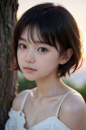 主：(Misty woods under sunset),(((Focus on close-up photos of faces))),
人：1litte 1kid 7yo gril (Child:1.2), 
優：(Stable Diffusion 1.5),
髮：(((short hair))),(((bangs))),(((Well-defined hair strands:1.4))),
服：(Off-the-shoulder),(deep V neckline),