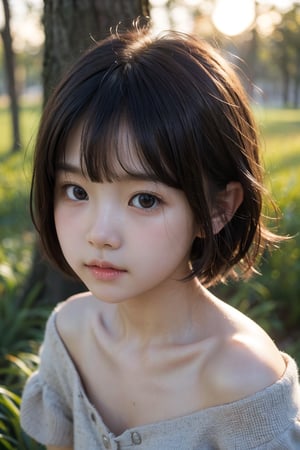 主：(Misty woods under sunset),(((Focus on close-up photos of faces))),
人：1litte 1kid 7yo gril (Child:1.2), 
優：(Stable Diffusion 1.5),
髮：(((short hair))),(((bangs))),(((Well-defined hair strands:1.4))),
服：(Off-the-shoulder),(deep V neckline),