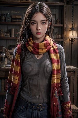 (photorealistic:1),high resolution,soft light,1women,solo,hips up,shining skin,detailed face,tattoo,jewelry,wavy hair,hogrobe,hogrobe,hogscarf,hogbrezwer,hogshirt,hogsweater,gryffindor