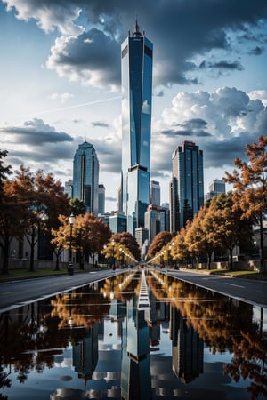 (masterpiece, best quality, highres:1.3), ultra resolution image, A long road leading towards towering mountains, water puddles reflecting the aftermath of rain, high-rise buildings and a park on the roadside, signs hanging, gloomy weather with dark clouds, distant thunderstorm, pedestrians walking on the sidewalk, traffic lights and road, illustrated in a vibrant anime-style. The image should convey a strong sense of perspective, creating a vast and expansive scene.