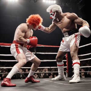 Prepare for an intense showdown as Colonel Sanders, transformed into a muscular powerhouse, steps into a boxing ring to face off against Ronald McDonald, who takes on the guise of a mischievous clown. The battle is depicted in a realistic photography style, capturing the gritty and visceral nature of the fight.