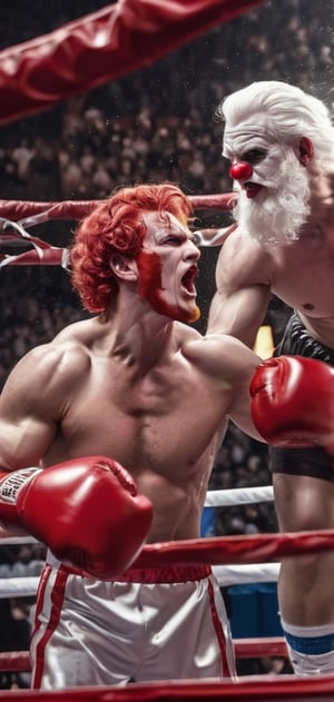 In a stunning display of strength and determination, a shirtless and muscular Colonel Sanders engages in a fierce battle with a clown-like Ronald McDonald inside a boxing arena. The scene is captured in a realistic photography style, emphasizing the raw power and energy of the confrontation.