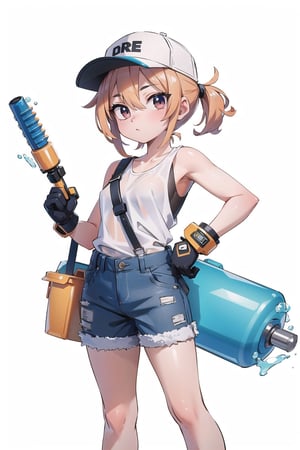 (masterpiece, best quality, highres:1.3), ultra resolution image, female construction worker, holding a hammer, wearing a towel, carrying a water bottle, wearing gloves, white background,chibi
