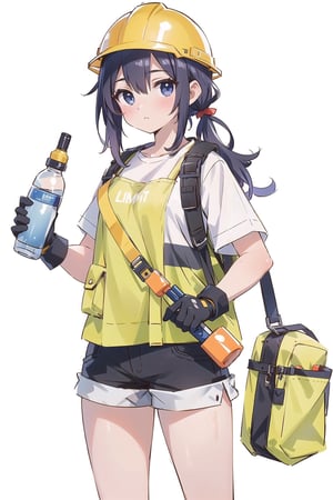 (masterpiece, best quality, highres:1.3), ultra resolution image, female construction worker, holding a hammer, wearing a towel, carrying a water bottle, wearing gloves, donning a safety helmet, wearing shorts, white background