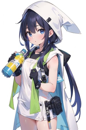 (masterpiece, best quality, highres:1.3), ultra resolution image, female character in construction gear, holding a hammer, towel draped over her shoulder, carrying a water bottle, wearing gloves, white background