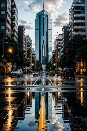 (masterpiece, best quality, highres:1.3), ultra resolution image, A long road leading towards towering mountains, water puddles reflecting the aftermath of rain, high-rise buildings and a park on the roadside, signs hanging, gloomy weather with dark clouds, distant thunderstorm, pedestrians walking on the sidewalk, traffic lights and road, illustrated in a vibrant anime-style. The image should convey a strong sense of perspective, creating a vast and expansive scene.