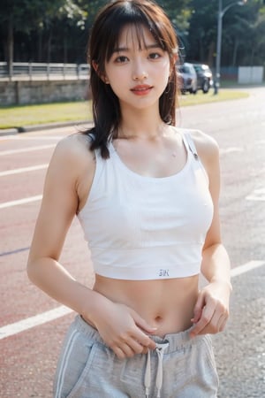 UHD, 4k, ultra detailed, cinematic, a photograph of high definition photo,ultra detailed skin,ultra detailed face,,1girl,solo,grey_sports_bra,outdoors,track pants,sports,looking at viewer,smile,sweat,