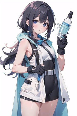 (masterpiece, best quality, highres:1.3), ultra resolution image, woman with a hammer, construction attire, towel around her neck, water bottle in hand, gloves on, against a white backdrop