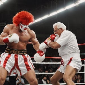 Prepare for an intense showdown as Colonel Sanders, transformed into a muscular powerhouse, steps into a boxing ring to face off against Ronald McDonald, who takes on the guise of a mischievous clown. The battle is depicted in a realistic photography style, capturing the gritty and visceral nature of the fight.