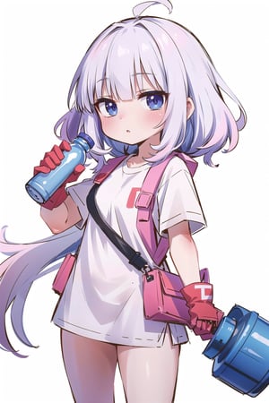 (masterpiece, best quality, highres:1.3), ultra resolution image, female construction worker, holding a hammer, wearing a towel, carrying a water bottle, wearing gloves, white background,chibi,Kanna Kamui 