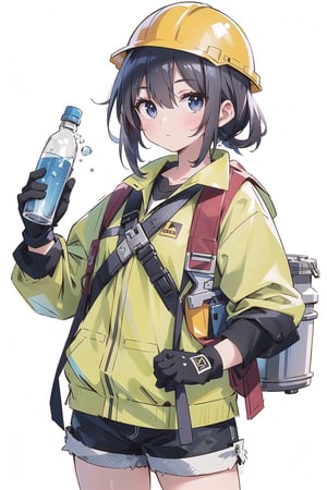 (masterpiece, best quality, highres:1.3), ultra resolution image, female construction worker, holding a hammer, wearing a towel, carrying a water bottle, wearing gloves, donning a safety helmet, wearing shorts, white background