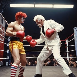 Prepare for an intense showdown as Colonel Sanders, transformed into a muscular powerhouse, steps into a boxing ring to face off against Ronald McDonald, who takes on the guise of a mischievous clown. The battle is depicted in a realistic photography style, capturing the gritty and visceral nature of the fight.