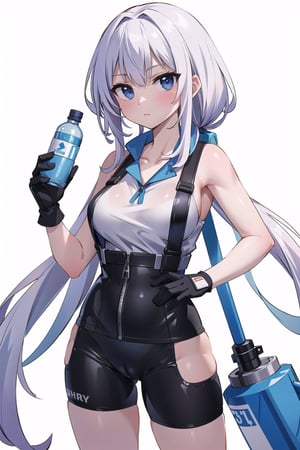 (masterpiece, best quality, highres:1.3), ultra resolution image, woman with a hammer, construction attire, towel around her neck, water bottle in hand, gloves on, against a white backdrop
