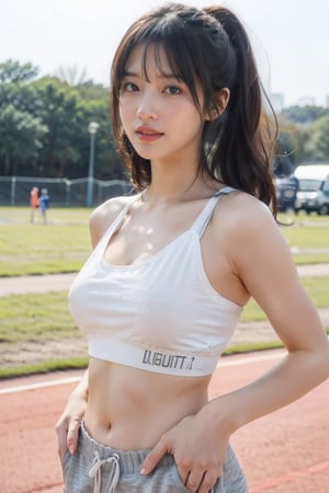 UHD, 4k, ultra detailed, cinematic, a photograph of high definition photo,ultra detailed skin,ultra detailed face,,1girl,solo,grey_sports_bra,outdoors,track pants,sports,looking at viewer,smile,sweat,