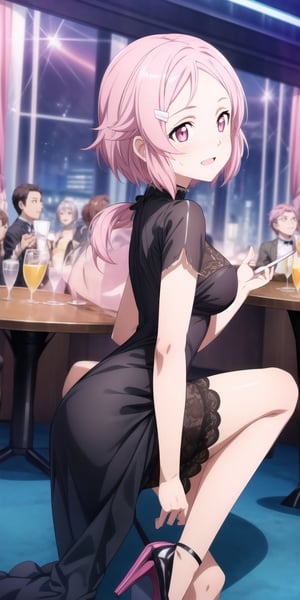masterpiece, highly detailed, 4K, vibrant colors, sharp focus, best quality, depth of field, perfect body, perfect anatomy, beautiful background, fully detailed background, happy expressions, lisbeth, pink hair, hairclip, freckles, pink eyes, wearing a black dress, black high heels, at a nightclub,